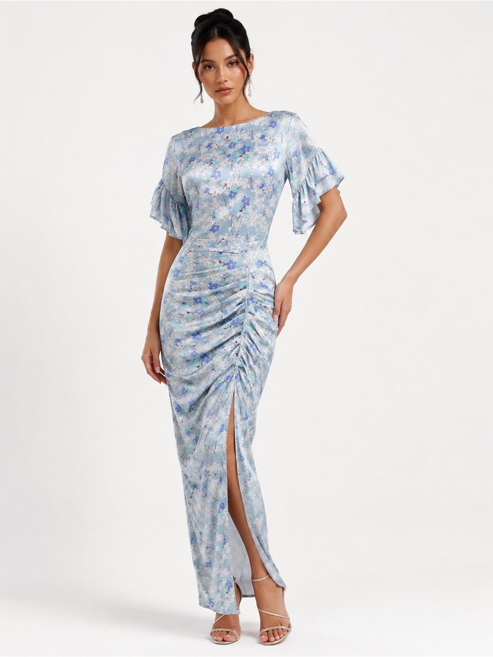 ACACIA Luau Blue Batik Silk Floral Ruched Maxi Dress Ruffle Sleeve XS Event